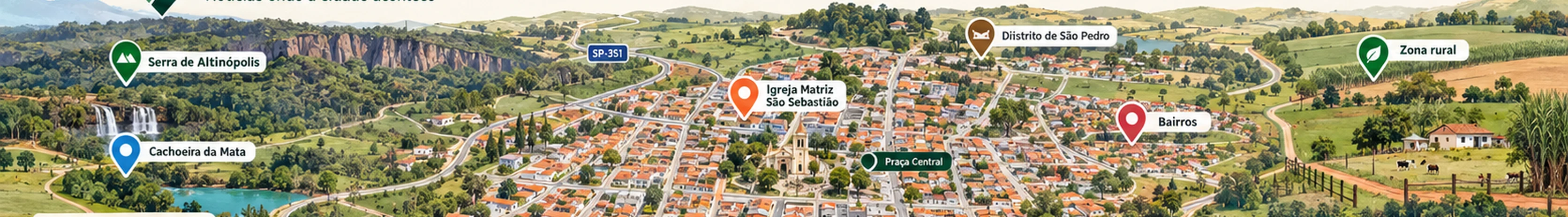 Mapa ilustrado de Altinópolis com os pontos da cidade