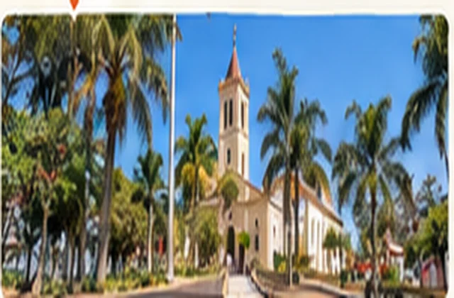 Praça Central com igreja e palmeiras em Altinópolis